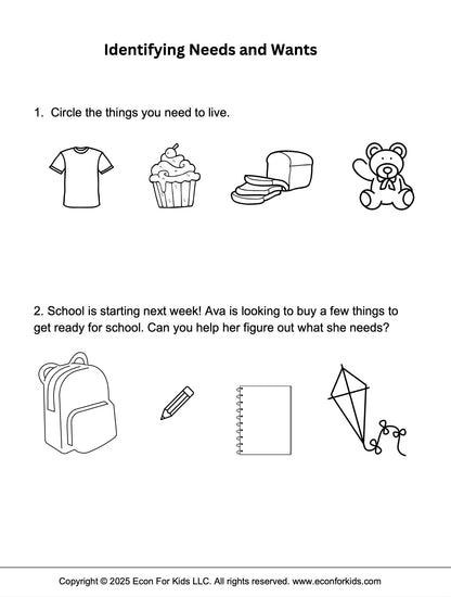 Financial Literacy Worksheets (Needs vs Wants)
