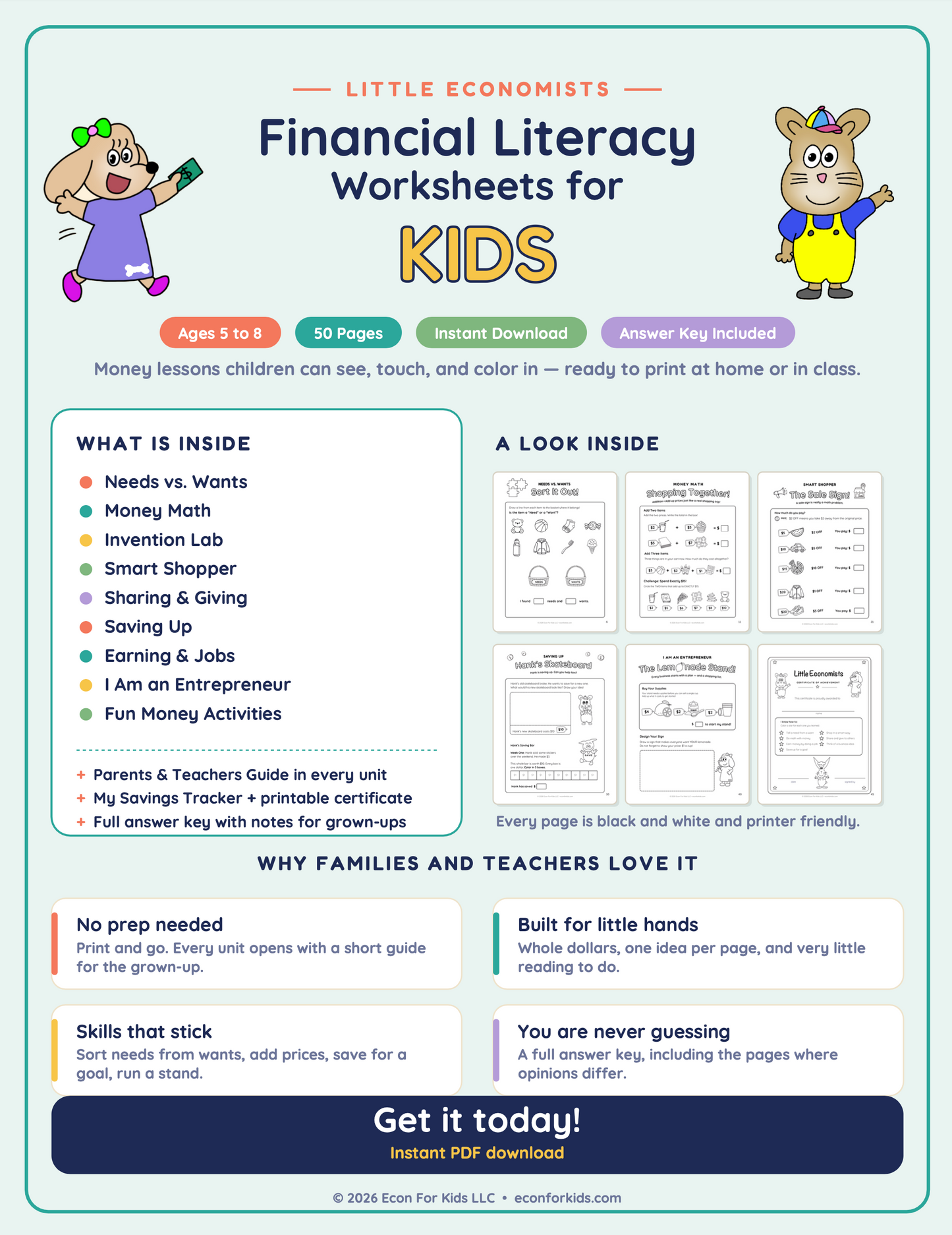 Little Economists Financial Literacy Worksheets (DIGITAL DOWNLOAD)