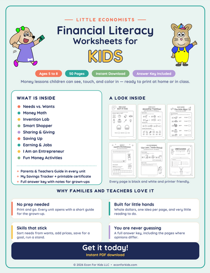 Little Economists Financial Literacy Worksheets (DIGITAL DOWNLOAD)